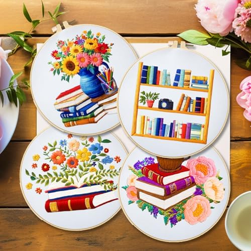 BEUNITONE 4 Set Book Flower Embroidery Kit for Adult Beginners 7.9x7.9 DIY Cross Stitch Kits Needlepoint Starter Kit with Pre-Printed Design and Hoops, Stamped Embroidery Kit for Home Ofiice Decor - Image 6