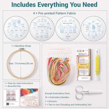 VIVIDOX 4 Sets Embroidery Kit for Beginners Adults, 35 Stitches Practice Kits Cross Stitch for Starter, DIY Hand Craft with Stamped Pattern, Bamboo Hoop, Threads, Needles, Scissors, Tools, Instruction - Image 2