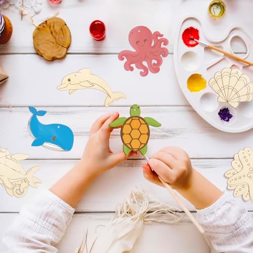 80PCS Wooden Sea Ornaments to Paint, 10 Styles DIY Blank Unfinished Wood Ocean Whale Seahorse Octopus Starfish Dolphin Turtle Shark Crab Cutouts Ornament for Crafts Hanging Decorations Summer - Image 2