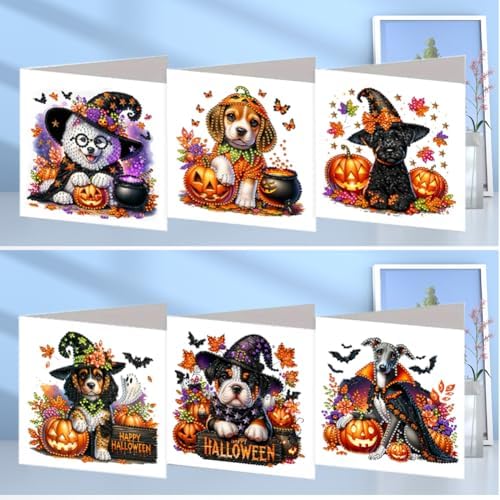 jinglinhh 6pcs Halloween Cloak Dog Pumpkin Diamond Art Painting Greeting Cards with Envelopes, DIY Card Making Kits for Adults, Diamond Art Postcards Christmas Cards Craft Gifts - Image 6
