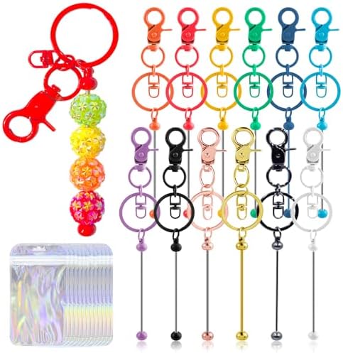 24 Pcs Beadable Keychains Bars bulk - 12 Colorful DIY Metal Beaded Keychain Making Kit + 12 Bags Included, Bead Keychain Supplies,Blank Key Chain, Perfect for Women, Men, Mother's Day, Birthday Gift by DNLEGULI