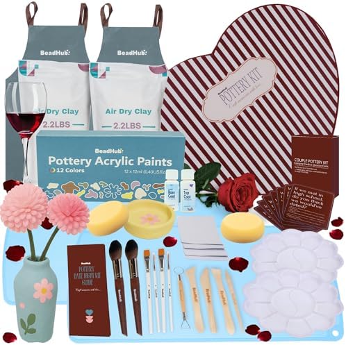 Date Night Pottery Kit for Beginners - 4.4Lbs Air Dry Clay for Adults with Sculpting Tools, Paint, Glaze, Modeling Clay Molding, Sculpt & Painting Set, Hobby DIY Art Craft Kits for Couple (White) by BeadHub