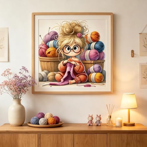 Knitting Woman Stamped Cross Stitch Kits for Beginner 13.7x13.7 Inch - Image 4
