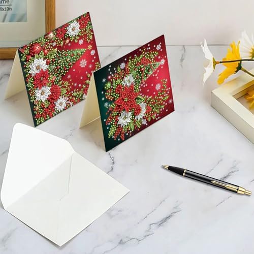 jinglinhh 6pcs Diamond Art Painting Christmas Tree Poinsettia Atmosphere Greeting Cards with Envelopes, DIY Card Making Kits for Adults, Diamond Art Postcards Christmas Cards Craft Gifts - Image 6