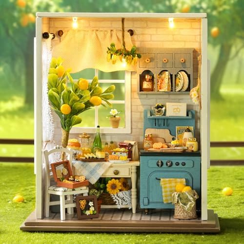 CUTEROOM DIY Miniature House Building Kit for Adults with LED Lights - Realistic Mini Dollhouse Model & Wooden Furniture, Creative Craft Kit for Home Decor Gift- Sunshine Season - Image 3