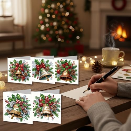 jinglinhh 6pcs Diamond Art Painting Christmas Bell Greeting Cards with Envelopes, DIY Card Making Kits for Adults, Diamond Art Christmas Cards for Birthday Holiday Postcards - Image 4