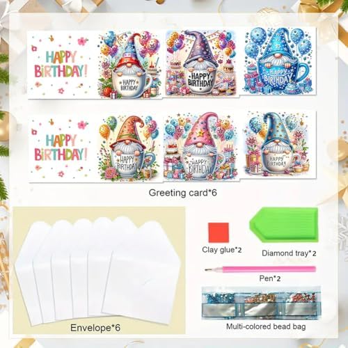 6 Pack 5D DIY Diamond Painting Birthday Gnome Greeting Card Kit, Diamond Art Christmas Birthday Holiday Greeting Card, Art Crafts Kit Creative with Envelope - Image 6