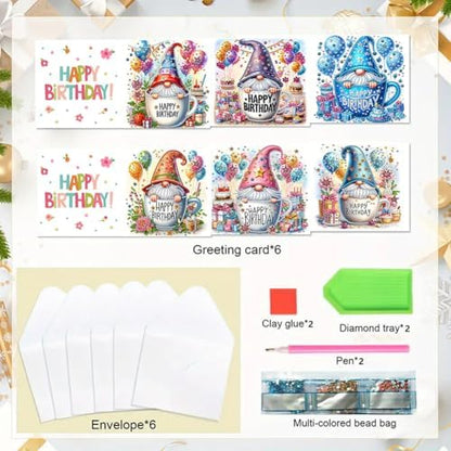 6 Pack 5D DIY Diamond Painting Birthday Gnome Greeting Card Kit, Diamond Art Christmas Birthday Holiday Greeting Card, Art Crafts Kit Creative with Envelope - Image 6
