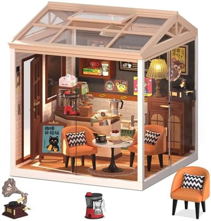 Vintage Coffee Shop Miniature House Kit – DIY Cafe Dollhouse with Glass Display Case, 3D Micro Building Model Kit for Adults & Teens, Craft Hobby Gift for Coffee Lovers by BeepZipp