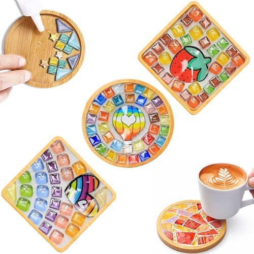 GHAHILI 3 Sets DIY Glass Mosaic Tiles for Crafts with Wooden Coasters - Graduation Birthday Gifts Mosaic Kits for Adults Women Mosaic Art Kits Craft Handmade Making Kit Set Decorations for Home Gift by Unknown