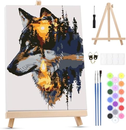 MXJSUA Forest Wolf Framed Paint by Numbers for Adults Beginners, Easy Adults' Paint-by-Number Kits on Canvas with Easel, Acrylic Number Painting Crafts Gifts for Home Decor, 8x12 inch by MXJSUA-DiamondPaintingkits