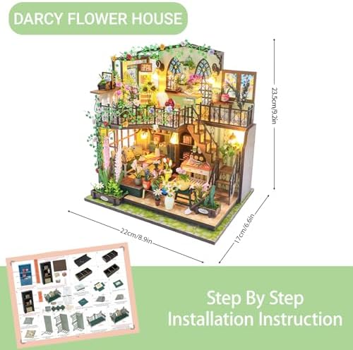 DIY Miniature House Kit, Fairy Dollhouse for Adults to Bulid,Tiny Home Making Kit with Wooden Furniture and LED, Halloween Decoration for Family and Friends (Darcy Flower House) - Image 2