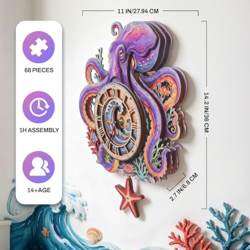 3D Puzzles for Adults Octopus Clock Crafts for Adults Wooden Puzzles - Image 4