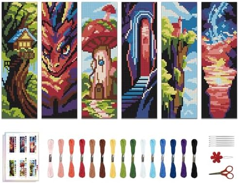ACRNIGHEET 6 PCS Cross Stitch Bookmark Kit DIY Bookmarks Cross Stitch Kits Stamped Embroidery Bookmarks for Adults Beginners Fantasy Pattern Bookmarks with Instructions Hand Craft Gift, 7.87''x2.36'' by ACRNIGHEET