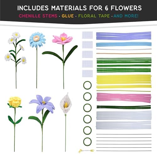 WeVeel Chenille Stem Flower Craft Kit for Adults – Create 6 Colorful Blooms (Lily, Rose, Calla Lily, Tulip, Gerbera & Daisy) – Relaxing DIY Arts & Crafts Kit with All Supplies - Image 2