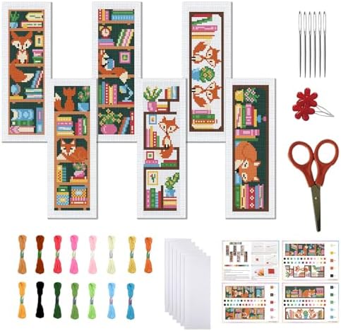 FREEBLOSS 6 Set Cross Stitch Bookmark Kits Fox Bookshelf Pattern Stamped Embroidery Kit Stitch Bookmarks DIY Book Marks Printed Cross Stitch Kits with Instructions for Beginners Adults, 8''x2.4'' by FreeandCreativeCraftsArt