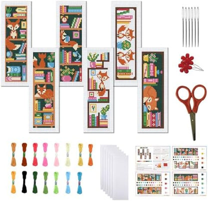 FREEBLOSS 6 Set Cross Stitch Bookmark Kits Fox Bookshelf Pattern Stamped Embroidery Kit Stitch Bookmarks DIY Book Marks Printed Cross Stitch Kits with Instructions for Beginners Adults, 8''x2.4'' by FreeandCreativeCraftsArt