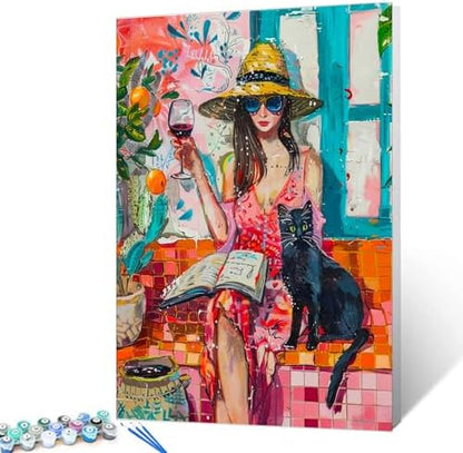 Aihonmin Girl with Black Kitten Paint by Numbers Kits for Adult Boho Style Paint by Numbers Vintage Painting Kits on Canvas Drawing with Brushes Decor Decorations Gifts Without Framed 16''W x 20''H by Aihonmin