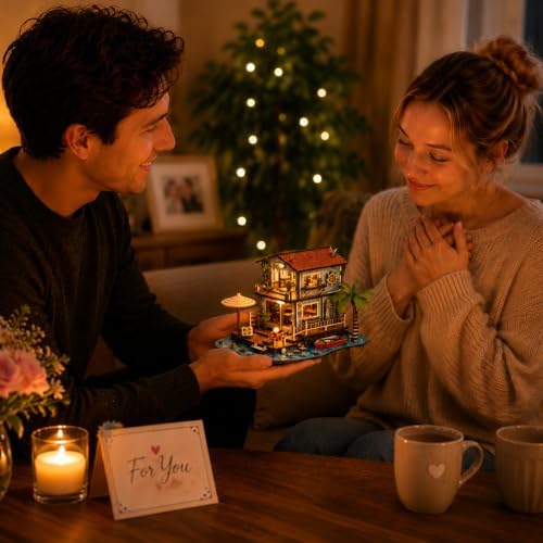 LED 3D Wooden Puzzles for Adults, Seaside Cabin DIY Miniature House,Gift - Image 6
