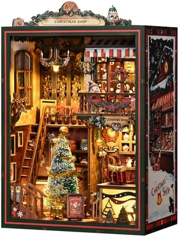 Christmas Shop Book Nook Kit DIY Miniature House Kit with LED Lights & Rotating Music - 3D Wooden Puzzles for Adults, Festive Bookshelf Decor Ideal Gift for Family & Friends by FLTRXCE