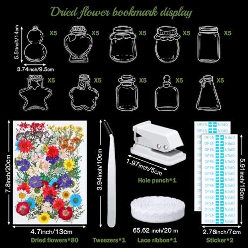 Faccito 135 Pcs Dried Flower Bookmark Making Kit Spring Craft 80 Pressed Flower and 50 Transparent Bookmarks with Hole Puncher Lace Tweezer DIY Book Mark Kits for Classroom Students Adults Party - Image 2