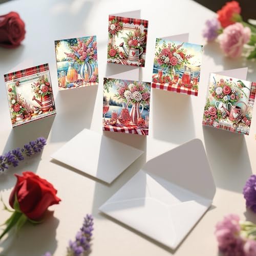 6pcs Lakeside Rose Flowers Vase Diamond Art Painting Greeting Cards Kit with Envelopes, 5D DIY Special Shaped Card Making Kits for Adults, Holiday Birthday Postcards Craft Gifts - Image 6