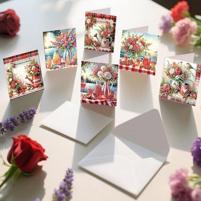 6pcs Lakeside Rose Flowers Vase Diamond Art Painting Greeting Cards Kit with Envelopes, 5D DIY Special Shaped Card Making Kits for Adults, Holiday Birthday Postcards Craft Gifts - Image 6