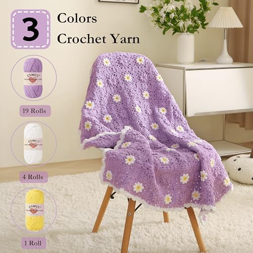 CSWCS Crochet Blanket Kit for Beginner, Purple Daisy Granny Square Throw Kit for Adults, Easy Learn How to Knitting with Yarn & Hook, Complete Starter Set with Step-by-Step Instructions (39'' x 31'') - Image 3