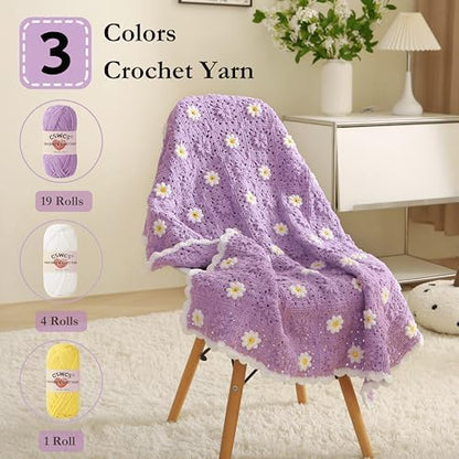 CSWCS Crochet Blanket Kit for Beginner, Purple Daisy Granny Square Throw Kit for Adults, Easy Learn How to Knitting with Yarn & Hook, Complete Starter Set with Step-by-Step Instructions (39'' x 31'') - Image 3