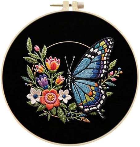 FRANDEK Flower Blue Butterfly Stamped Embroidery Kit with Hoop for Adults by FRANDEK