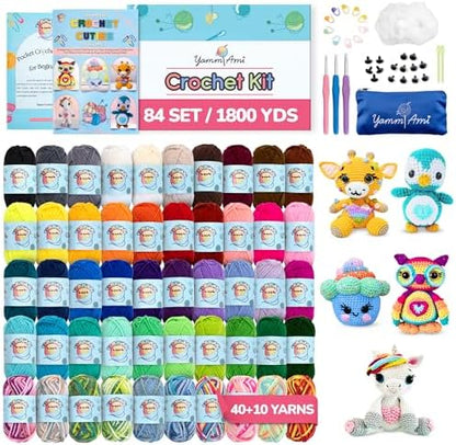 YammiAmi 1,800 Yards Beginner Crochet Kit for Adults – 84 Pc Amigurumi Crochet Kit for Starters with 50 Skeins Yarn, Accessories Set, Ergonomic Hooks, Instruction Book to Learn Crocheting by YammiAmiCompleteCrochetKits