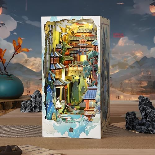 Book Nook Kit for Adults, DIY Dollhouse Booknooks Penglai Wonderland Landscape Decor Chinese Landscapes Bookshelf Insert with Dust Cover LED 3D Wooden Puzzle Assembly Model Creative Gift - Image 5