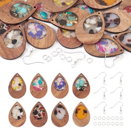Boutigem 56Pcs Teardrop Resin Wooden Earring Pendants Kit with Vintage Drop Wood Charms Ornament Earring Hooks Jump Rings for DIY Necklace Choker Jewelry Making by BoutigemJewelry