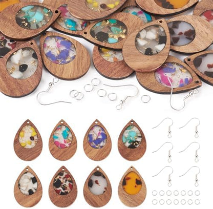 Boutigem 56Pcs Teardrop Resin Wooden Earring Pendants Kit with Vintage Drop Wood Charms Ornament Earring Hooks Jump Rings for DIY Necklace Choker Jewelry Making by BoutigemJewelry