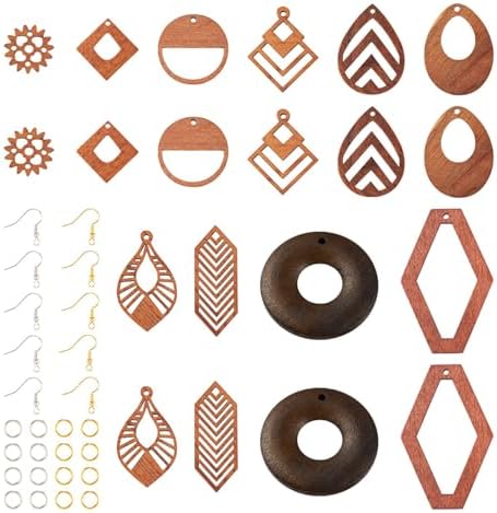 EEE ELECRELIVE 10 Pairs Wooden Dangle Earring Making Kit Wood Charms Teardrop Leaf Gear Rhombus Wooden Pendants with Earring Hooks Unfinished Wood Pendants for Bohemian Jewelry by EEEELECRELIVE