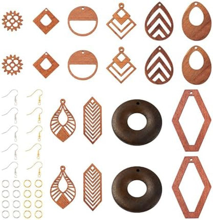 EEE ELECRELIVE 10 Pairs Wooden Dangle Earring Making Kit Wood Charms Teardrop Leaf Gear Rhombus Wooden Pendants with Earring Hooks Unfinished Wood Pendants for Bohemian Jewelry by EEEELECRELIVE