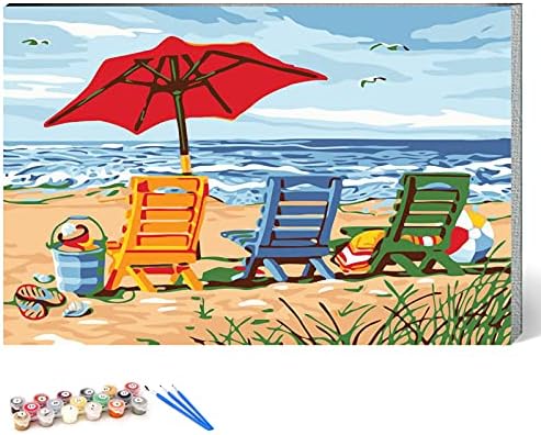 Ginkko Paint by Numbers Art Kit for Adults, 12x16 inch Beach Framed Canvas, Non-Toxic Acrylic Paints and Brushes, DIY Home Decor Gift by Ginkko
