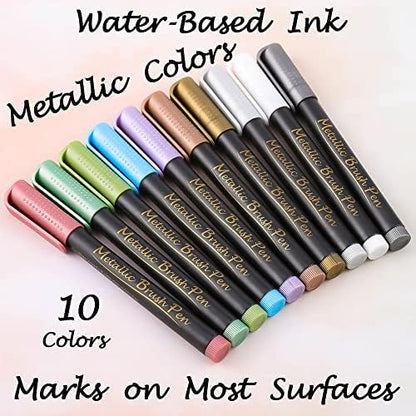 Dyvicl Metallic Brush Marker Pens - Metallic Pens Art Markers for Calligraphy, Brush Lettering, Black Paper, Rock Painting, Card Making, Scrapbooking, Fabric, Metal, Ceramic, Wine Glass, Set of 10 - Image 2