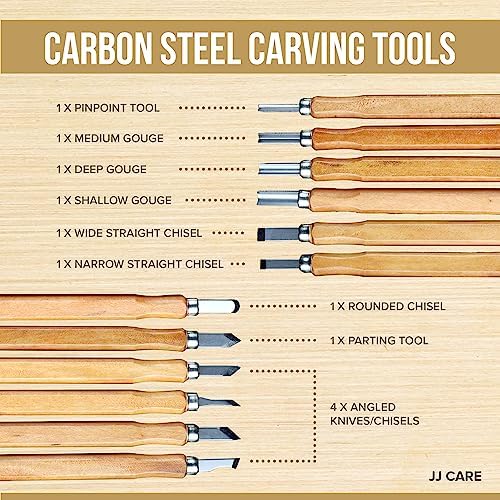 JJ CARE Wood Carving Kit, 24pcs Wood Whittling Kit with 12 SK2 Steel Carving Knives, 10 Basswood Blocks, 1 Grinding Stone & Storage Case, Gift Set for Beginners & Adults - Image 4