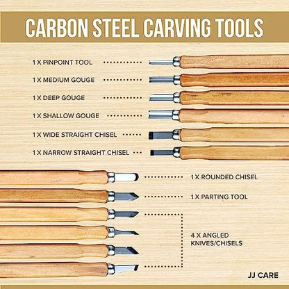 JJ CARE Wood Carving Kit, 24pcs Wood Whittling Kit with 12 SK2 Steel Carving Knives, 10 Basswood Blocks, 1 Grinding Stone & Storage Case, Gift Set for Beginners & Adults - Image 4
