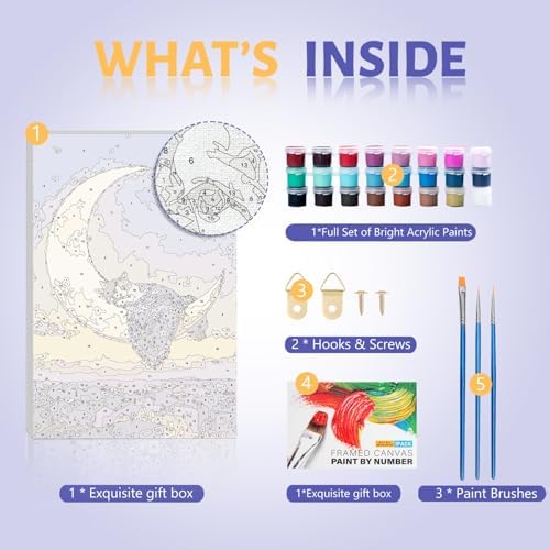 Framed Paint by Numbers Kit for Adults Beginner & Kids Ages 8-12, Moon Cat Paint by Numbers with Frame, without Easel, DIY Acrylic Number Painting for Adults Canvas for Home Decor Gift 8 x 12 Inch - Image 5