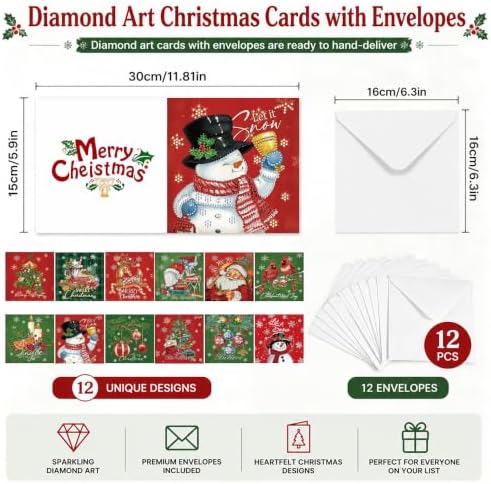 NUOFIX 12 PCS Diamond Art Christmas Cards with Envelopes, Christmas Crafts for Adults, Diamond Painting Kits for Card Making, Holiday DIY Kits (Green) - Image 2
