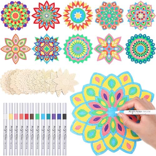 Vercraft 22 Pcs Wooden Mandala Painting Set 10 Cutouts 12 Markers, Artsy by Vercraft