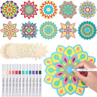 Vercraft 22 Pcs Wooden Mandala Painting Set 10 Cutouts 12 Markers, Artsy by Vercraft