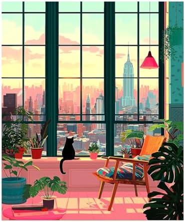 sdfkmlcdl Cozy New York City Black Cat Diamond Art Kits for Adults, Maximalist Tropical Window Kitty Full Drill Diamond Painting Kits for Adults Beginners, Cat Lover Gifts, 9.8x11.8 Inch by Unknown