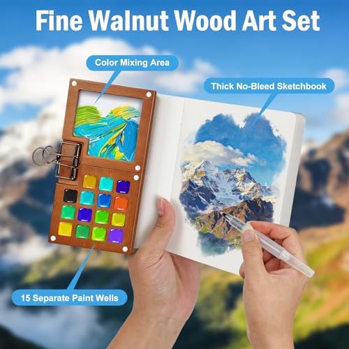 24 Colors Pocket Mini Watercolor Paint Set Walnut Wood Palette Kit - Image 4