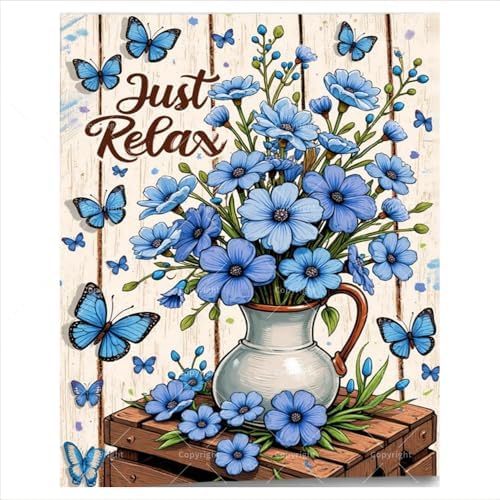 Blue Flowers With Butterfly Paint By Numbers Kit For Adults - Diy Rustic White Wood Background Painting On Canvas 16X20In, Acrylic Paint Set, Suitable For Beginners, Art For Home Decoration Or Gifts by Unknown