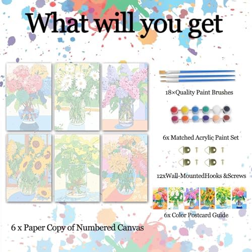 Colorful Flowers Paint by Number for Adults, Hydrangea in Glass Vase DIY Oil Painting Kits on Canvas and Acrylic Pigment, 6 Packs Adults Paint by Numbers for Gift Home Decor 8x12 Inch (Frameless) - Image 4