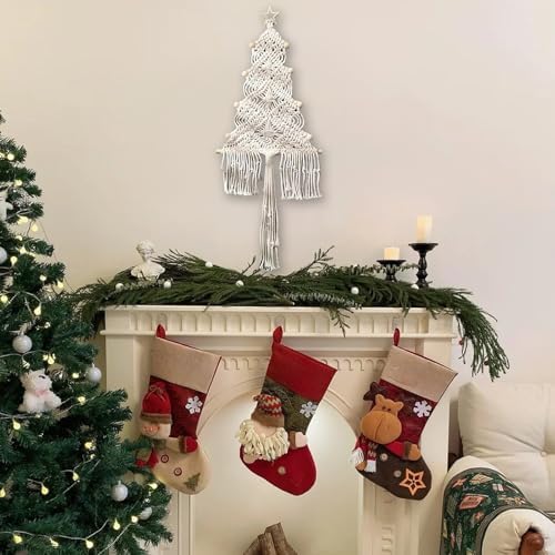 Christmas Tree Macrame Wall Hanging Decor 9.84 × 22.8inch Xmas Tree Shape Boho Tapestry with Rustic Bead and Star Tree Topper Hand-Woven Crafts for Holiday Winter Decoration (Beige) - Image 4