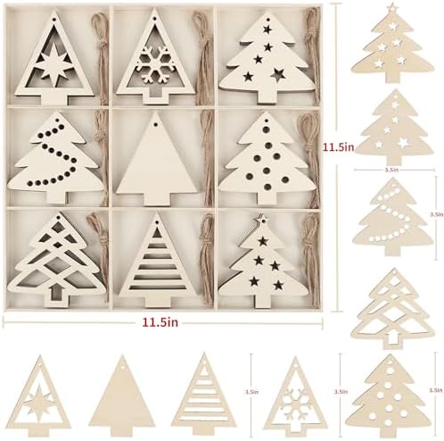 MACTING 27PCS Wooden Christmas Ornaments Unfinished Predrilled Natural Wood Slices DIY Blank Hanging Ornaments Kit for Crafts Centerpieces Christmas Tree Decorations, 9 Styles - Image 3
